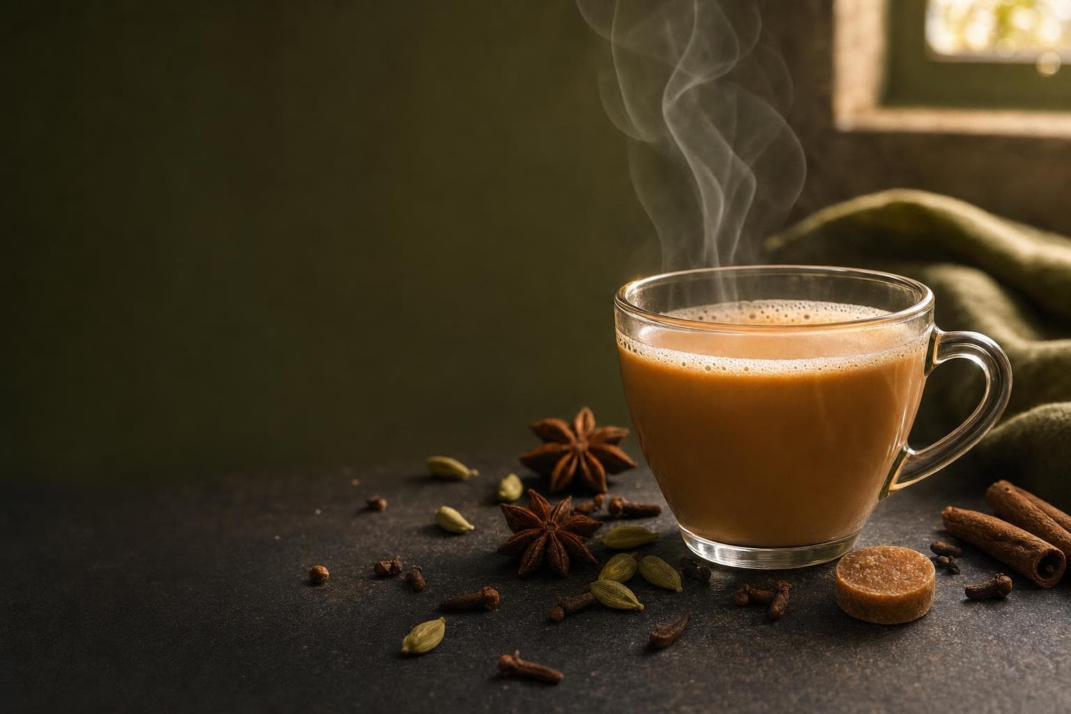 A warm cup of masala tea surrounded by whole spices